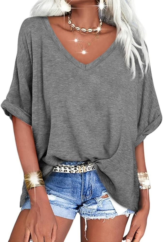 Langwyqu Women's Oversized T Shirts V Neck Short Sleeve Summer Casual Loose Tops Tees | Amazon (US)