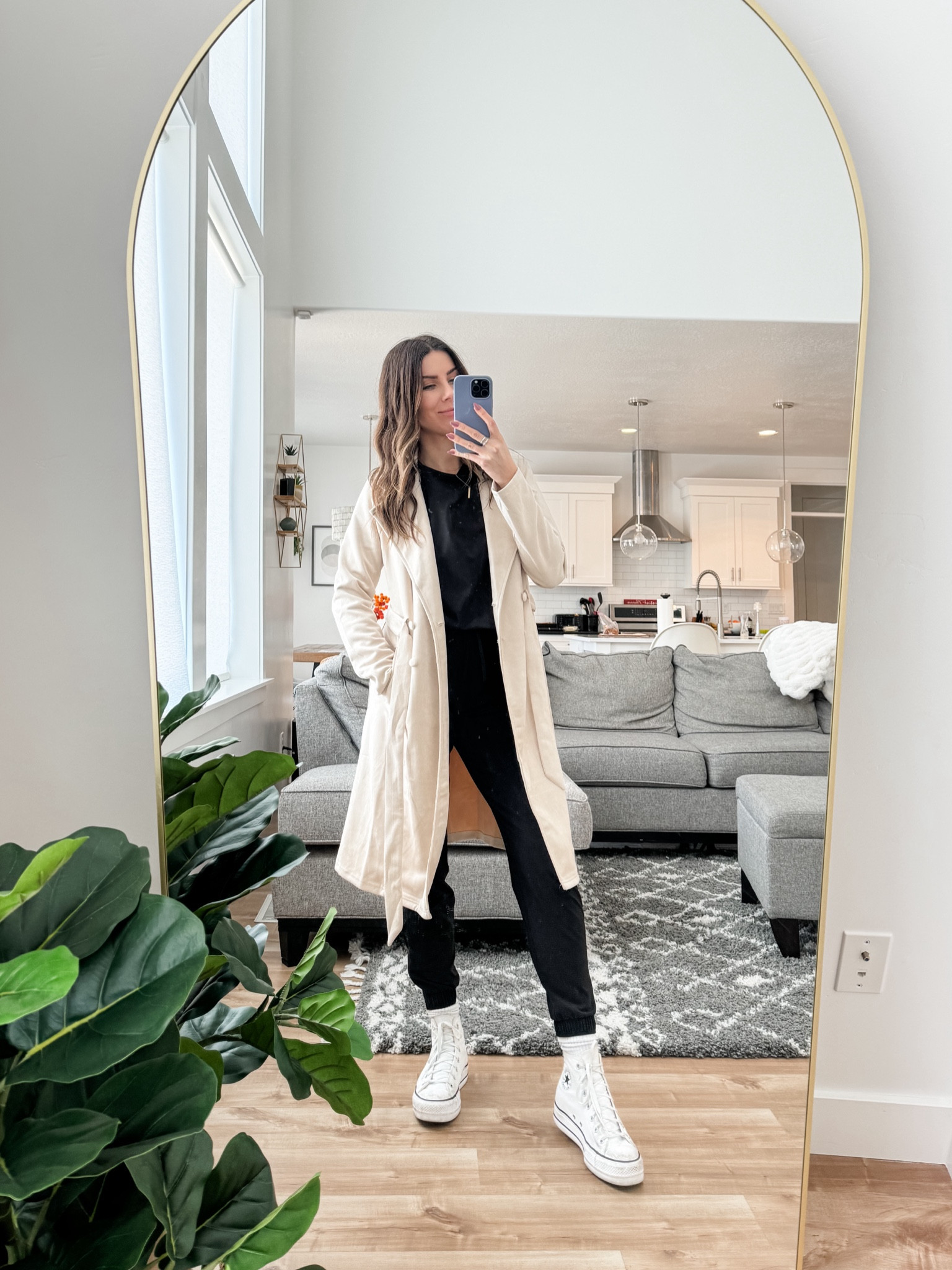 Obsessed with this trench coat. It’s the most beautiful beige color and material is suede. Sizing is true to size and I am wearing a medium.  

#LTKMostLoved #LTKworkwear #LTKstyletip