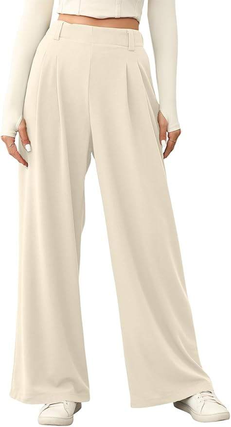 EVALESS Women's Wide Leg Pants Elastic High Waisted Waffle Knit Casual Palazzo Pants Trousers wit... | Amazon (US)