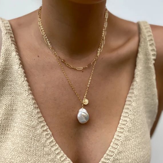 Baroque pearl coin necklace gold large freshwater pearl 14k gold filled | Etsy (US)