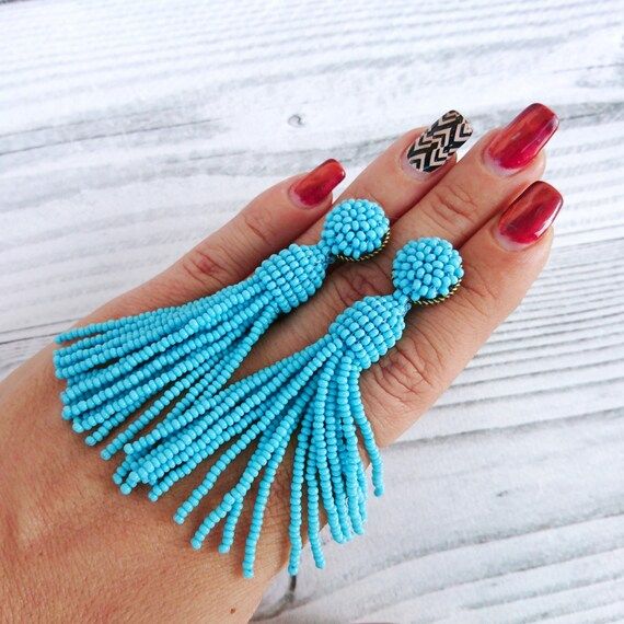 Turquoise tassel Earrings, Long beaded tassel stud earrings, Dangle Drop beadwork earrings, Oscar... | Etsy (US)