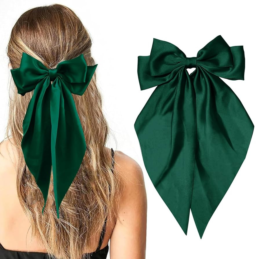 Big Bow Hair Clips, Long Ribbon Hair Pins for Women - Green Hair Bows, Soft Barrettes, and Party ... | Amazon (US)