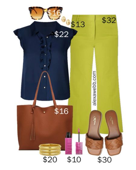 Plus Size on a Budget – Summer Work Outfit - A plus size business casual outfit for the office. A pair of chartreuse pants with a navy ruffle top and woven slide sandals. All on a budget! Alexa Webb #plussize

#LTKOver40 #LTKPlusSize #LTKStyleTip