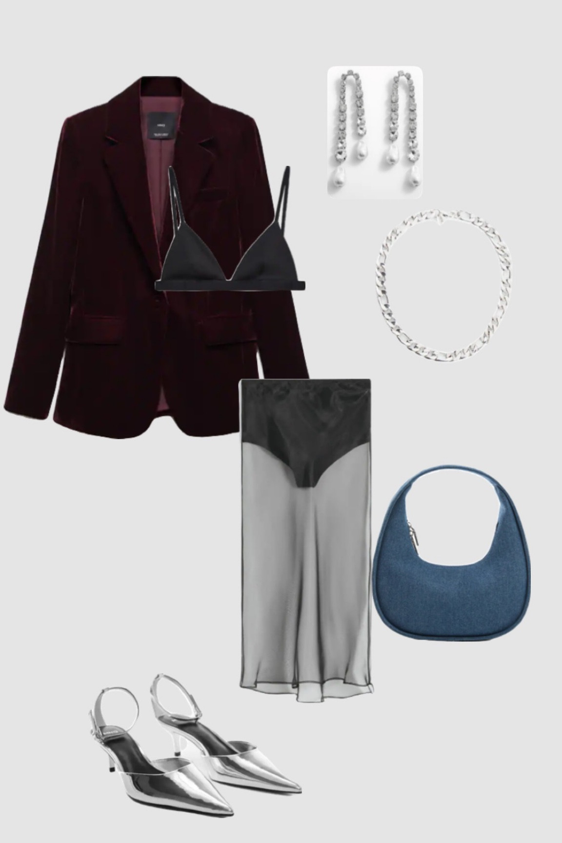 Holiday Party Glam: Sheer Skirt, Red Velvet Blazer, Denim Handbag, and Metallic Silver Heels. Make a stunning entrance at your holiday party with this fashion-forward ensemble! This look combines a sheer skirt, a luscious red velvet blazer, a trendy denim handbag, and metallic silver heels for that extra touch of glamour. For fashionistas who love to turn heads at every occasion. ✨🎉👠👜 #HolidayPartyOutfit #FashionForward #OutfitInspo #TrendingFashion 