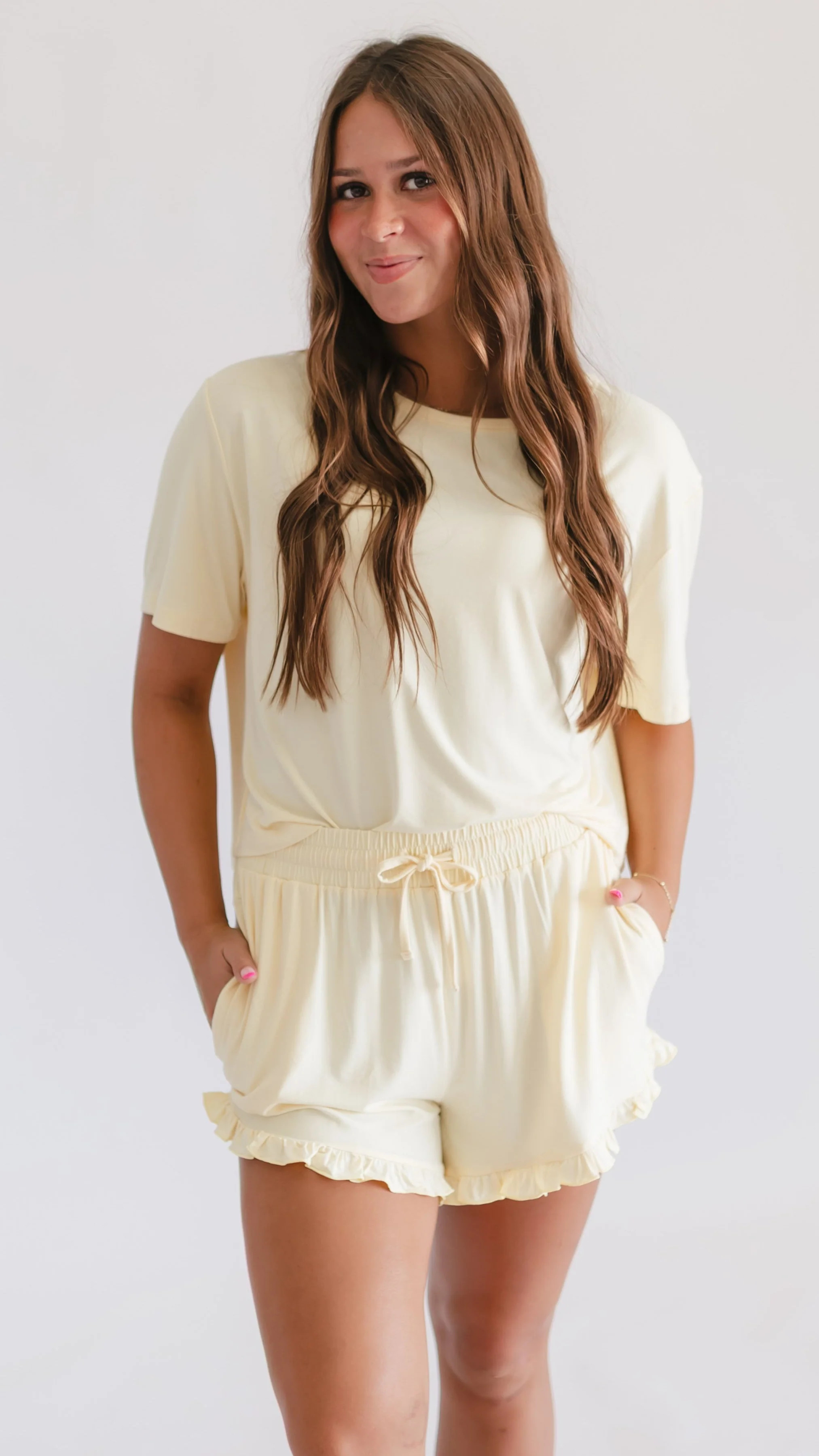Womens Ruffle Short Set in Butter Yellow | Silks Design