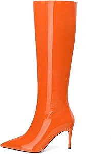 KUOARN Knee High Boots for Women Stiletto High Heel Pointed Toe Patent 3.3 Inch Long Boots Side Z... | Amazon (US)