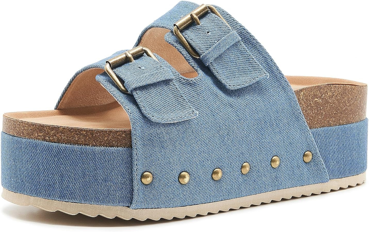 Women's Platform Sandals Cork Footbed Heeled Slides with Double Buckles Comfort Suede Clogs Summe... | Amazon (US)