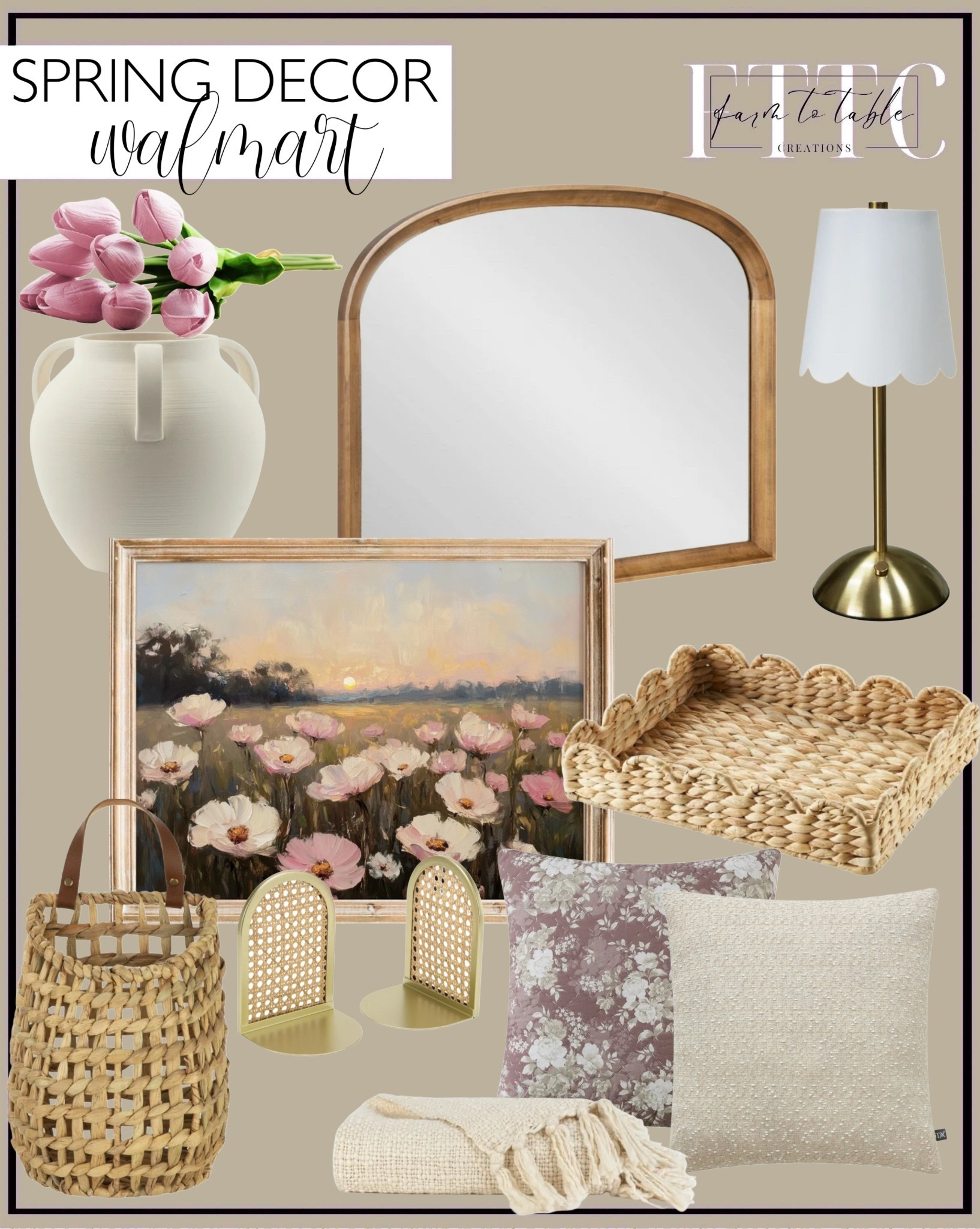 Walmart Spring Decor. Follow @farmtotablecreations on Instagram for more inspiration.

Water hyacinth hanging basket. Rechargeable Lamp. Woven Natural Water Hyacinth Decorative Tray. 8'' White Matte Textured Ceramic Stoneware Vase with Handles. Home Decor Collection Gold and Natural Rattan Decorative Tabletop Bookends. My Texas House Dusty Mauve Pillow. Ivory Pillow. Basketweave Throw Blanket. Modern Arched Wooden Wall Mirror. Artificial tulips. Pastel Pink Floral Print | Vintage Wildflower Art

Easter Decor |  Living Room finds | Bedroom Furniture | nightstands | Home Decor| Fireplace Decor | Spring Refresh |  Bedroom Finds | Neutral Stems | Spring Stems | Bookshelf Decor | Bedroom Space | Cozy  Corner | Bathroom | Curated Entryway | Spring  Decor | End of Year Clearance | Trending Decor | Viral Decor  | Coffee Table Decor | Neutral Decor | Fall Stem Sale | Target Finds | Skinny Bench | Bedroom | Living Room | Breakfast Nook | Amazon Home | Target Sale | Loloi Rugs | Magnolia Home | console table | console table styling | faux stems | entryway space | front porch decor | neutral decor | entryway decor | cozy home | affordable decor |  home decor | home inspiration | console styling | entryway rug | cozy moody home | moody home decor | neutral home | bathroom decor | living room | spring decor | Hearth & Hand | Studio McGee | 2025 Home Trends | trending home | Crate&Barrel 




#LTKFindsUnder50 #LTKHome #LTKSaleAlert