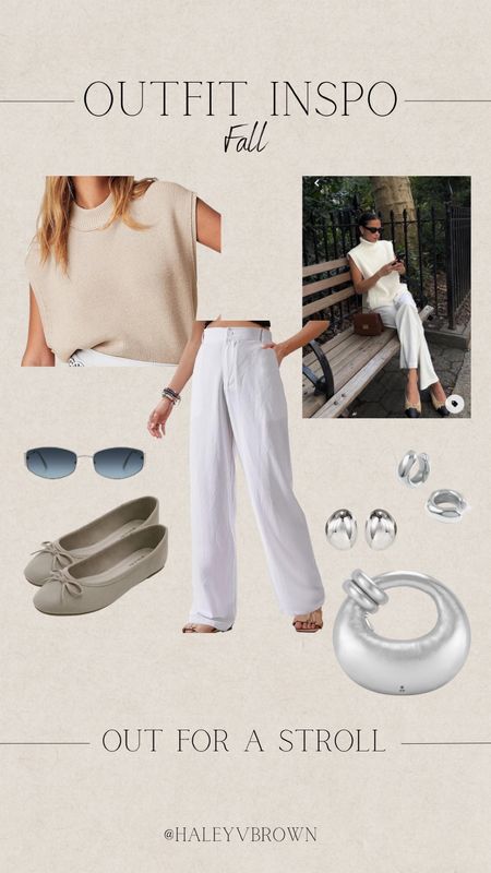 Italy Vibes, Italian Outfit, Fall Transitional Outfit, Silver Simple Earrings, Ballet Flat Sandals, Cream Sweater, Pinterest Fall Outfit, Nude Outfit, Aesthetic Outfit, Fall 2023 Outfit, Rectangle Sunglasses, Silver Purse, Fall 2023 Accessories, Silver Chunky Earrings

#LTKshoecrush #LTKstyletip #LTKSeasonal
