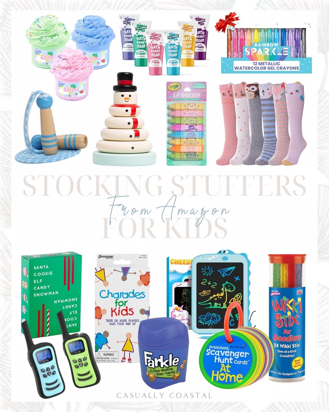 Stocking Stuffers For Kids From Amazon 

Amazon gift guide, kids gift guide, preschool scavenger hunt cards, preschool games, wikki stix for doodlers, charades for kids, knee high socks, boot socks, jump rope, 7 foot adjustable cotton skipping rope, lip smackers, crayola party pack lip smackers chapsticks, LCD writing tablet, holiday card game, farkle classic dice game, walkie talkies, 3 pack butter slime kit, slime toy, snowman stacking toy set, bath paint, tub works bath tub paint soap, rainbow sparkle watercolor gel crayons 

#LTKKids #LTKGiftGuide #LTKHoliday