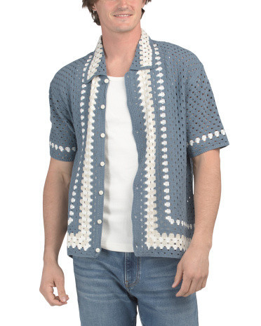 Crochet Button Down Knitwear Top for Men | Cotton/Acrylic | Marshalls