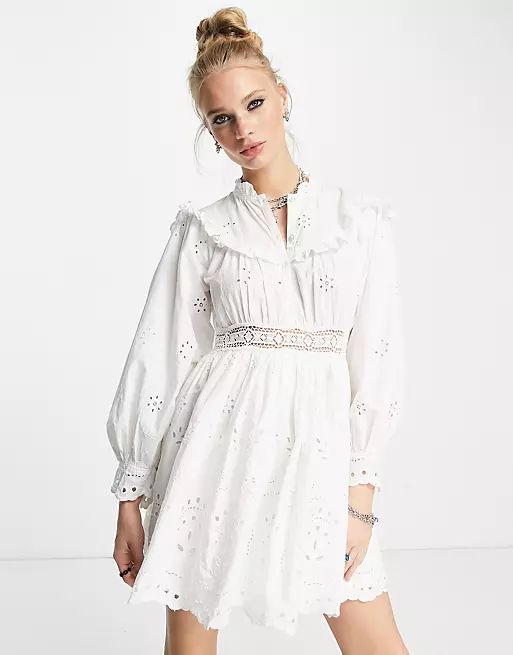 Topshop broderie frill bib mini dress in white | ASOS (Global)