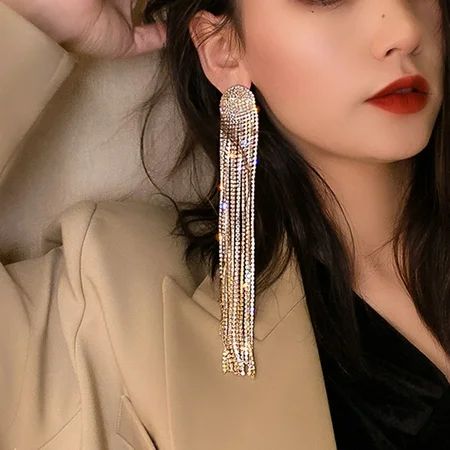 Jiaroswwei Long Full Rhinestone Tassel Earrings Alloy Shiny Women Dangle Earrings Jewelry Accessorie | Walmart (US)