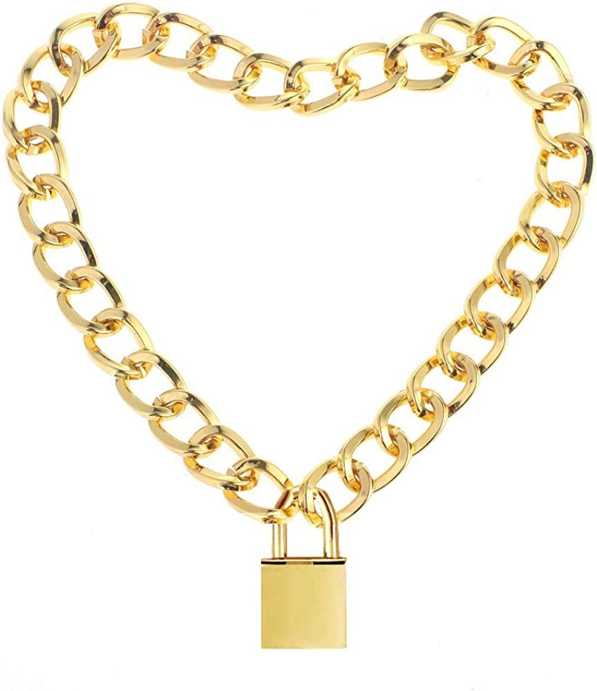 LEWECEEO Lover Heart Padlock Necklace Metal Padlock Collar Choker for Men Women with Lock and Key | Amazon (US)