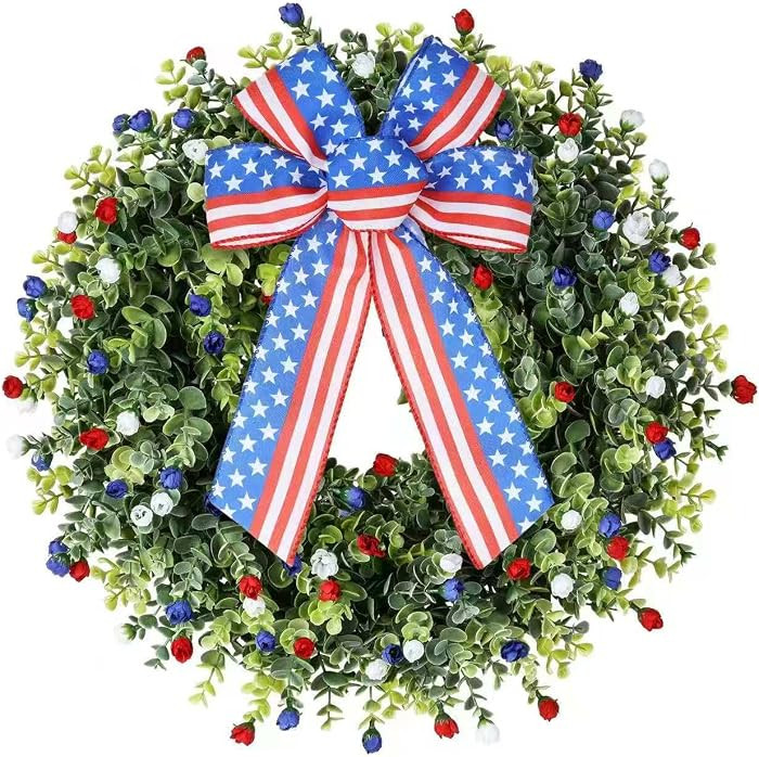 Patriotic Wreath with American Flag Bow, 4th of July Wreaths, Red White Blue Floral Decorative Do... | Amazon (US)