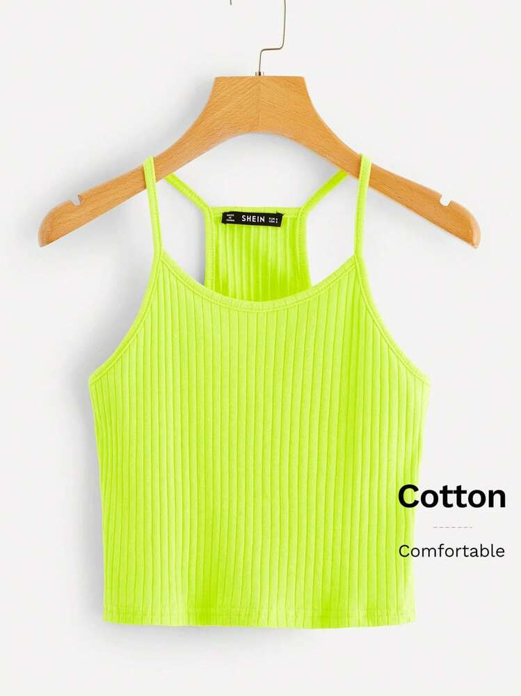 SHEIN EZwear Neon Yellow Ribbed Cropped Cami Top | SHEIN