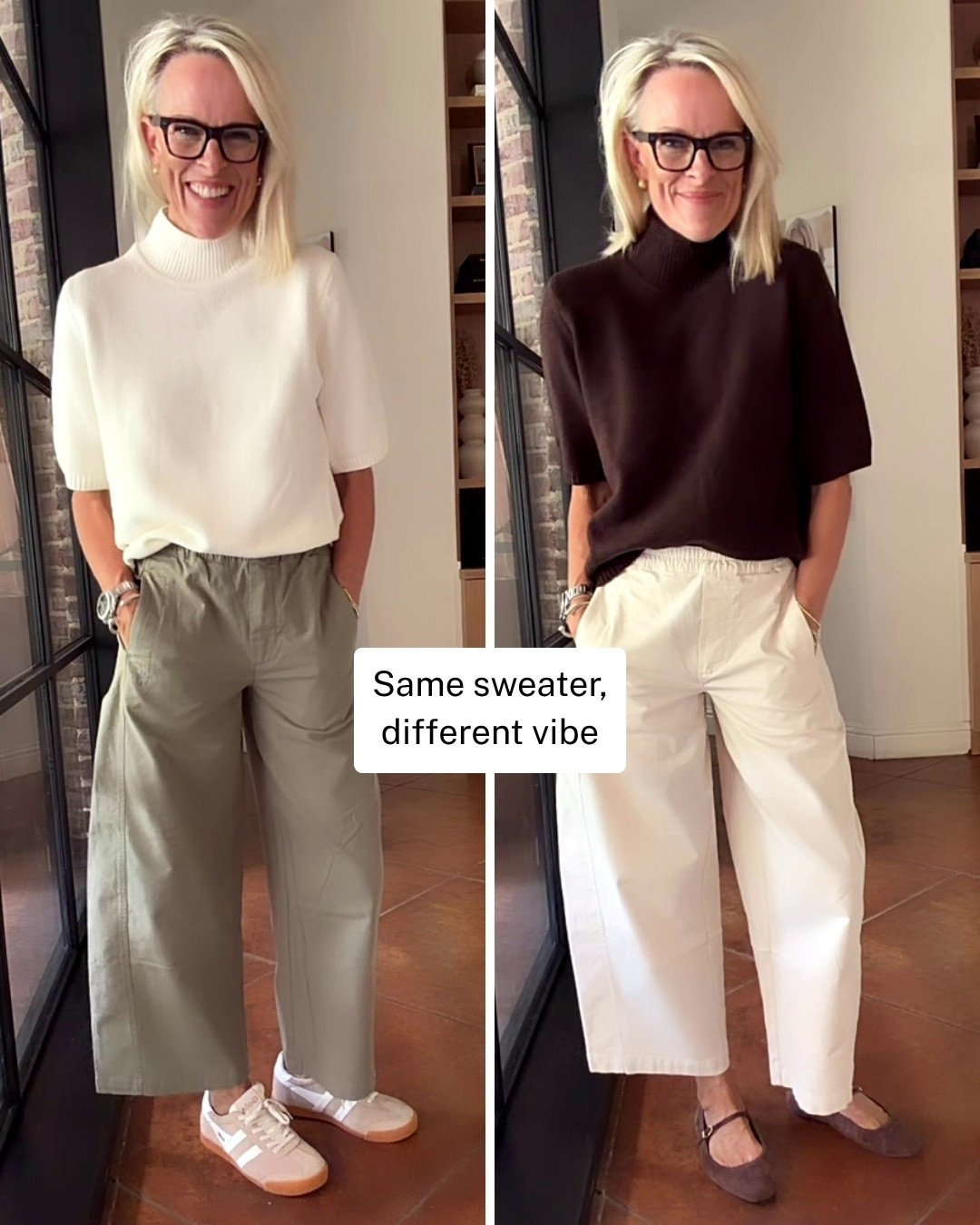 Same sweater, two completely different vibes. 🤍🤎 I love how easy this short-sleeve mockneck sweater is to style—from olive pants and sneakers for an easy everyday look to white pants and flats when I want something a little more polished. It’s exactly the kind of comfortable, versatile piece I love having in my wardrobe.

#LTKootd #LTKOver40 #LTKSeasonal