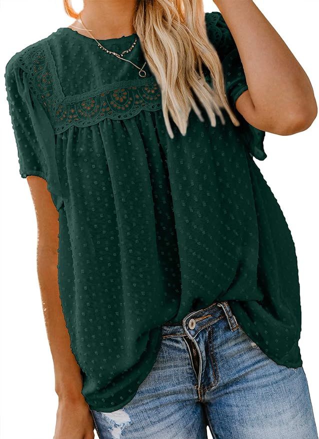 Dokotoo Womens Crewneck Lace Crochet Pom Pom Flowy Short Sleeve Casual Shirts Blouses Tops | Amazon (US)