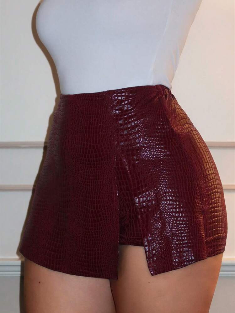 SHEIN Unity Burgundy Crocodile Skin Stretchy Asymmetrical Slit Y2K Skort Homecoming Sorority Rush Halloween Autumn Fall Party Night Out Club Date Flattering Disco | SHEIN