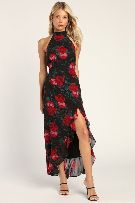 Elegant Entrance Black Red Floral Print Halter Maxi Dress - Wedding Guest Dress | Lulus (US)