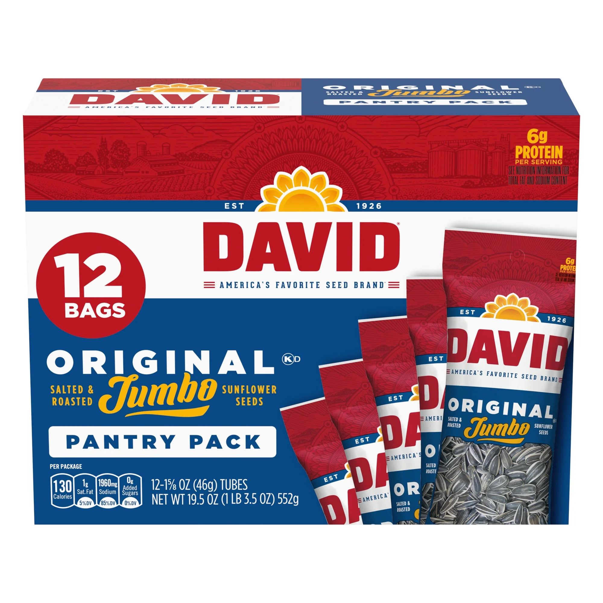 DAVID Original Salted and Roasted Jumbo Sunflower Seeds, 1.75 oz, 12 Count | Walmart (US)