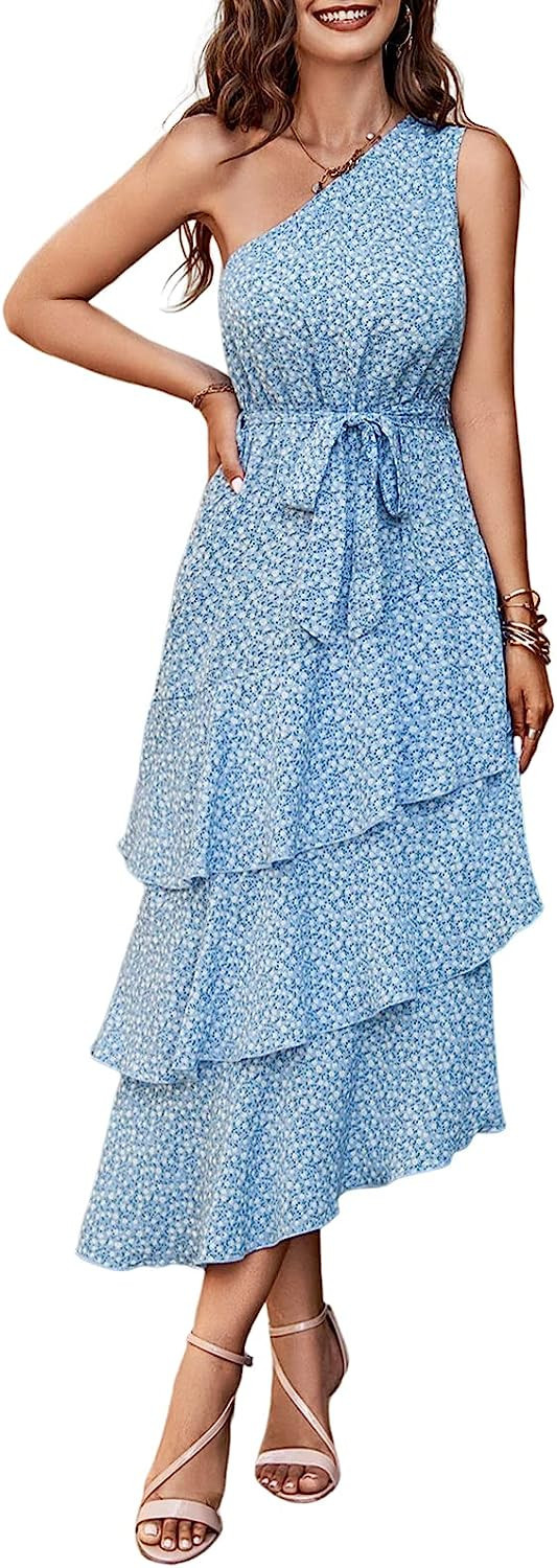 NALANISA 2023 One Shoulder Sun Dresses Women Summer Casual Midi Floral Boho Flowy Long Ruffle Tie... | Amazon (US)