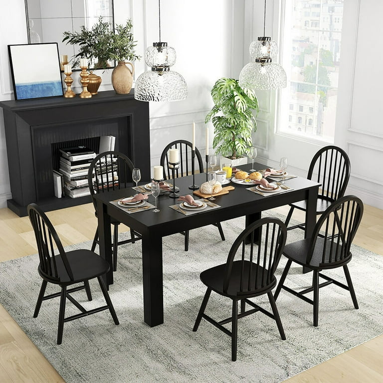 Gymax 7 PCS Dining Set Rectangular Wooden Dining Table 6 Windsor Chairs Kitchen Black | Walmart (US)
