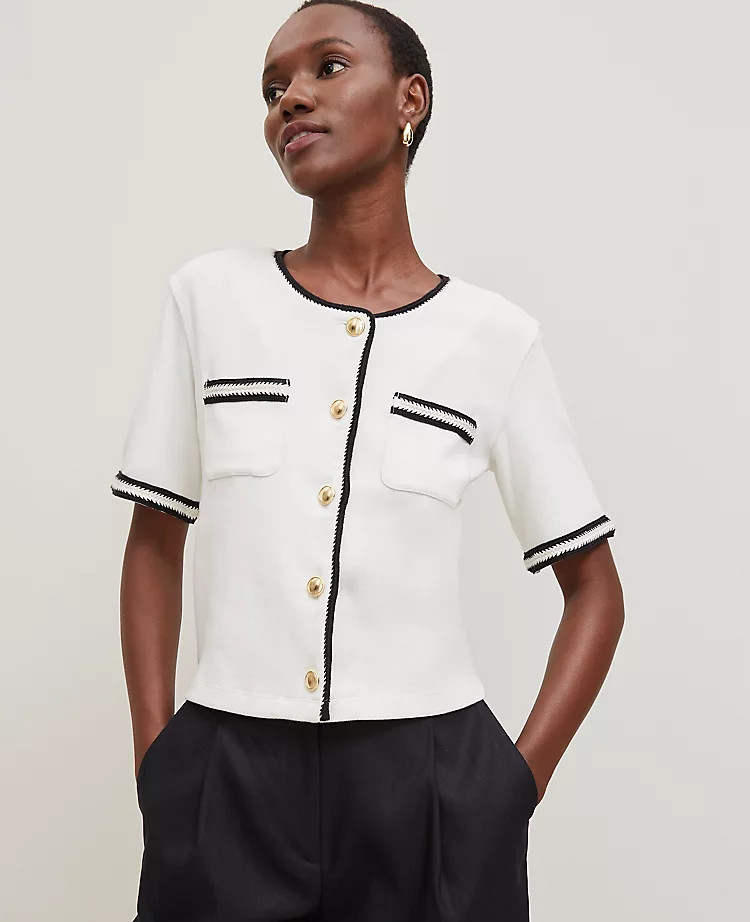 Crochet Trim Knit Jacket | Ann Taylor