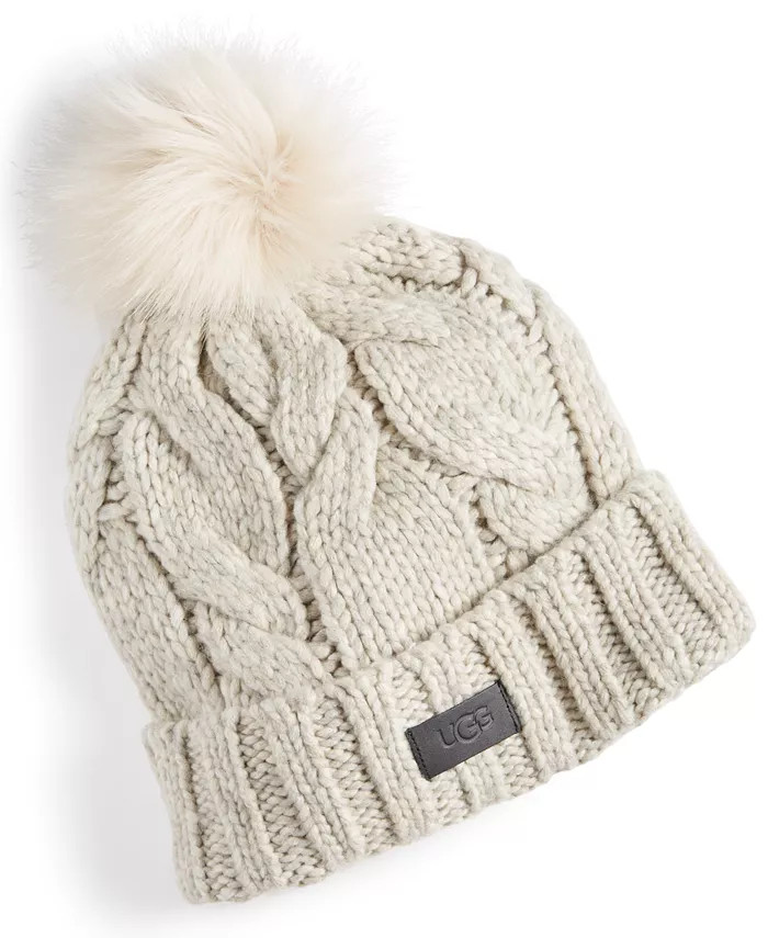 Women's Faux-Fur-Pom Cable-Knit Beanie | Macy's