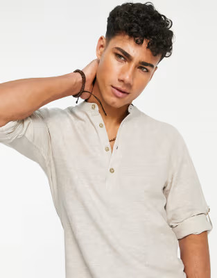 Only & Sons grandad collar overhead linen mix shirt in beige | ASOS (Global)