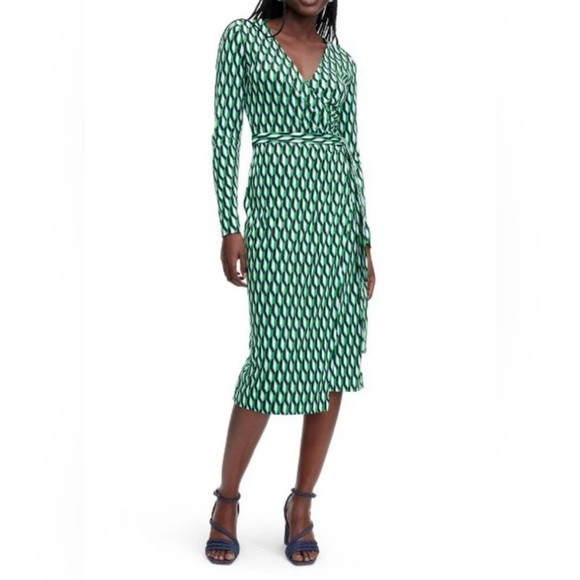 Diane Von Furstenberg | Green and White Wrap Dress | Poshmark