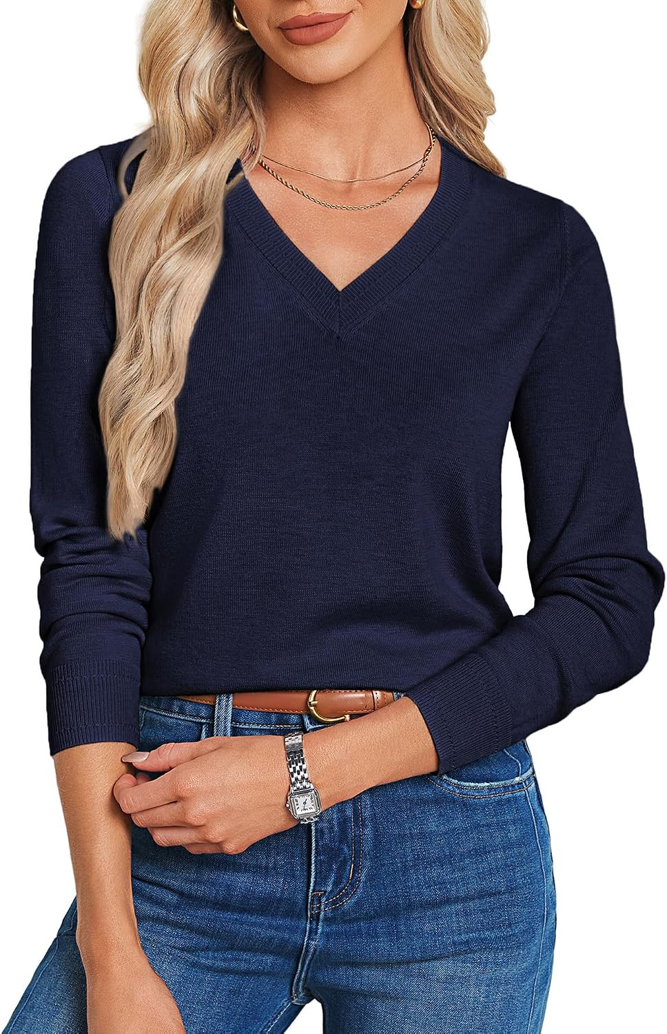 GRACE KARIN Long Sleeve V Neck Sweaters for Women Lightweight Knitted Tops Fall Fashion Clothing Business Casual Outfits | Amazon (US)