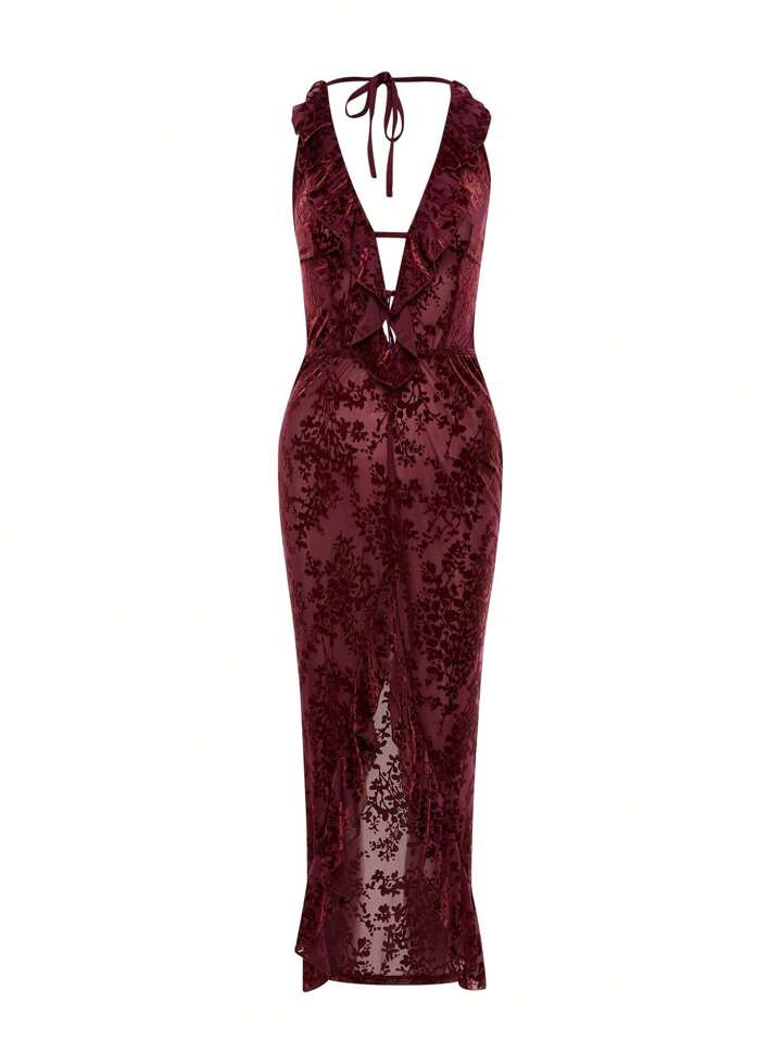 Sweet Floral Print Tie Backless Halter Neck Dress | SHEIN