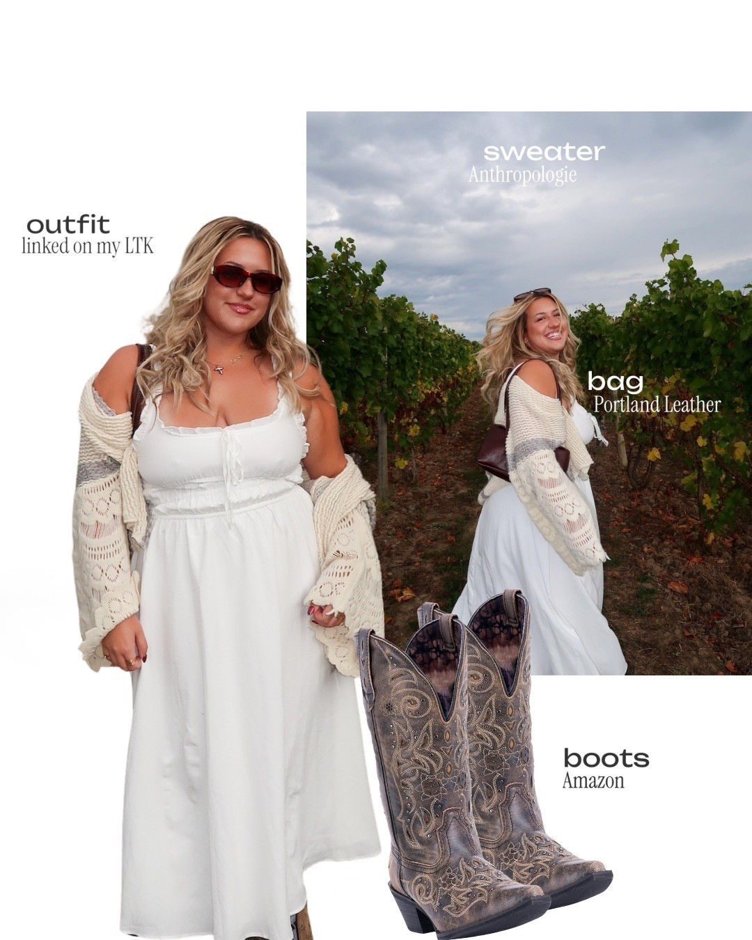 Perfect outfit for a fall day at the winery or apple picking✨

Fall outfit idea, white linen dress, milkmaid dress, cowboy boots, western boots, fall boots, brown leather bag, chic sweaters, Anthropologie, Amazon finds, winter outfit idea, old money aesthetic

#LTKSeasonal #LTKStyleTip #LTKMidsize