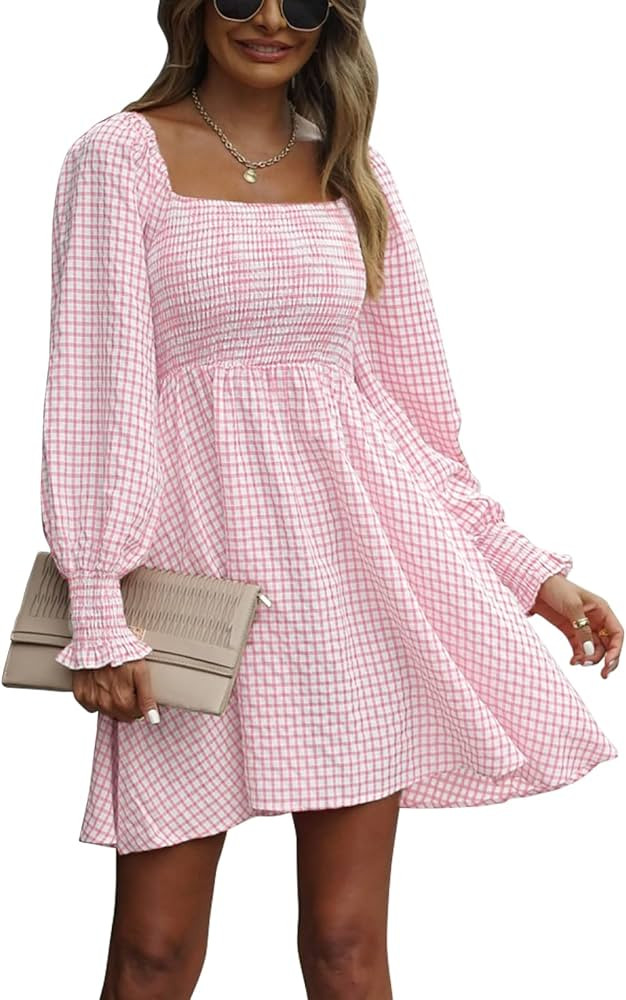Dokuritu Women's Fall Long Sleeve Square Neck Teens Dresses Off Shoulder Cute Babydoll Short Dress V | Amazon (US)