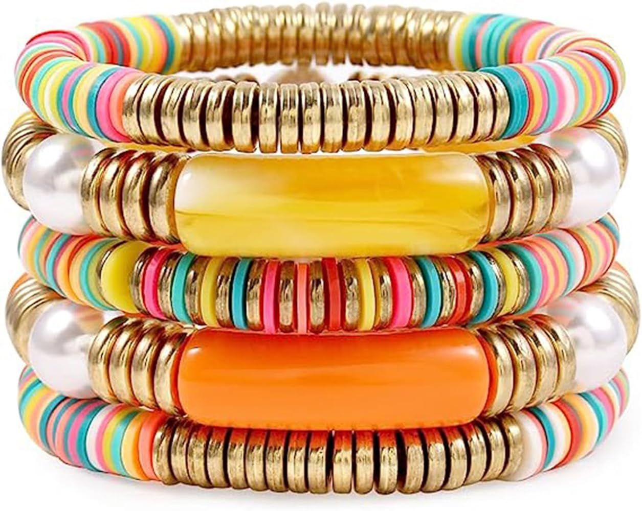 Amazon.com: PLOJOP 5PCS Bamboo Tube Bangles Bracelet Set Colorful Beaded Polymer Clay Pearl Stack... | Amazon (US)