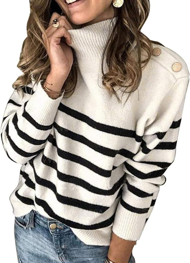 Asvivid Striped Turtleneck Button Knit Sweaters for Women Lightweight Long Sleeve Knit Pullover J... | Amazon (US)