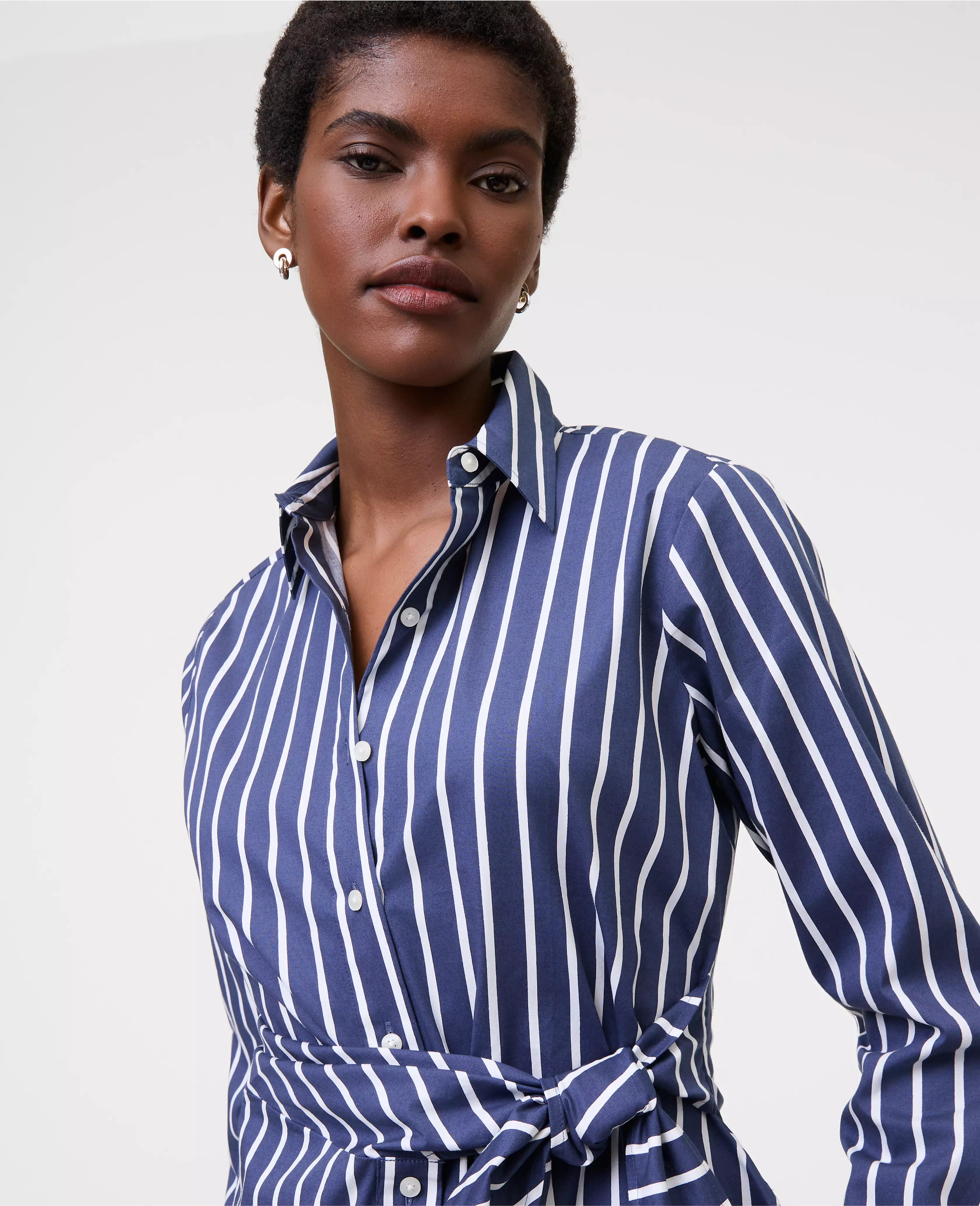 Petite Striped Tie Waist Button Down Shirt | Ann Taylor