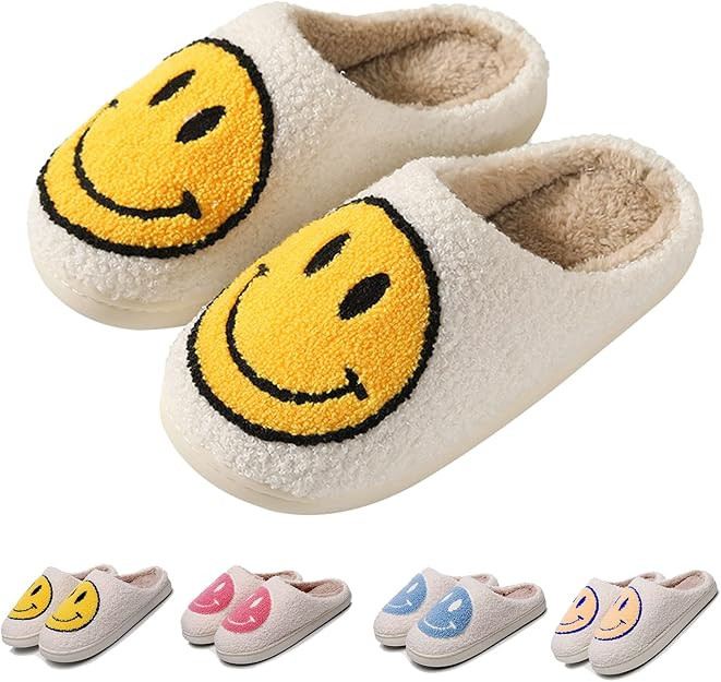 FACAXEDRE Smile Face Slippers for Women - Indoor Outdoor Retro Happy House Slides, Soft Fluffy Cu... | Amazon (US)