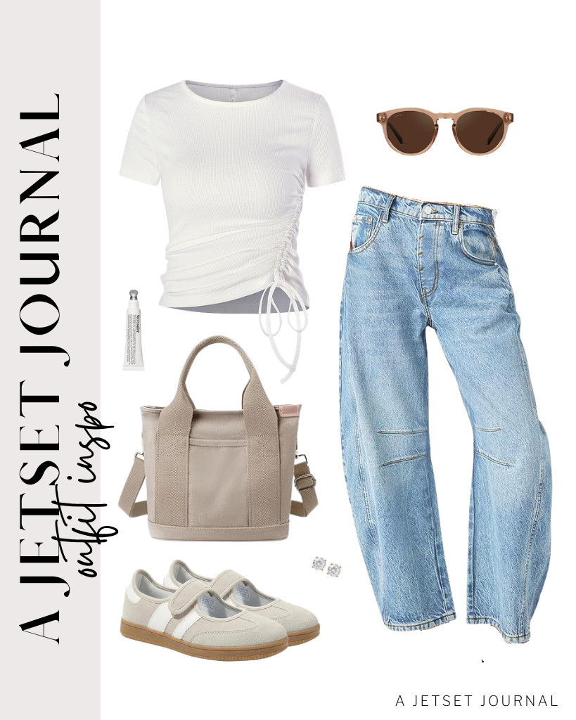 This white ruched-side shirt pairs perfectly with these barrel jeans from PLNOTME. It also complements these retro sneakers and a small tote bag. Complete the look with these classy PAVOI earrings.

#LTKSeasonal #LTKSaleAlert #LTKTravel 

 