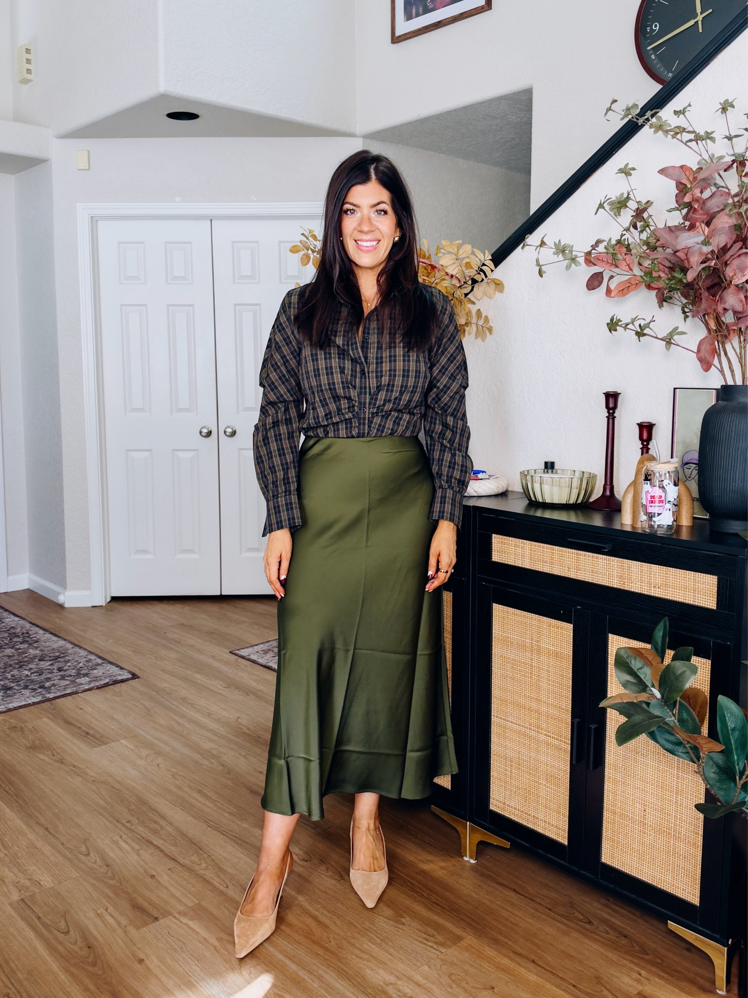 Workwear under $50
In a medium
Blouse and medium satin skirt