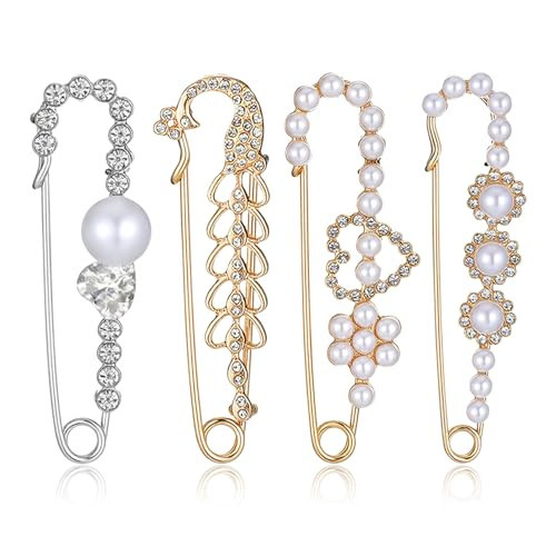 4 PCS Pearl Safety Pins for Clothes Decorative Safety Pins Heart Brooch Women Faux Pearl Brooch Pin Sweater Shawl Clip Crystal Brooches for Clothes Dress Shirt Pants Women, Gold, Silver | Amazon (US)