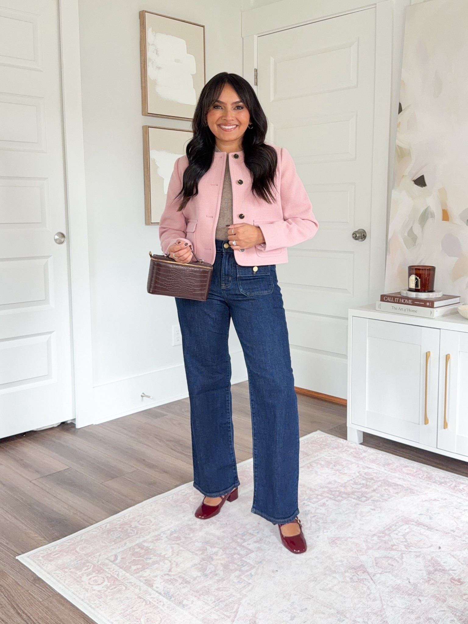 Pink pale mauve jacket size 0 petite - runs a little small, size up a size if you want to button and have a larger bust
Light brown sweater size xxs TTS
Jeans size 26 petite TTS
Burgundy mary jane heels size 5 TTS

#LTKSaleAlert #LTKWorkwear #LTKPetite