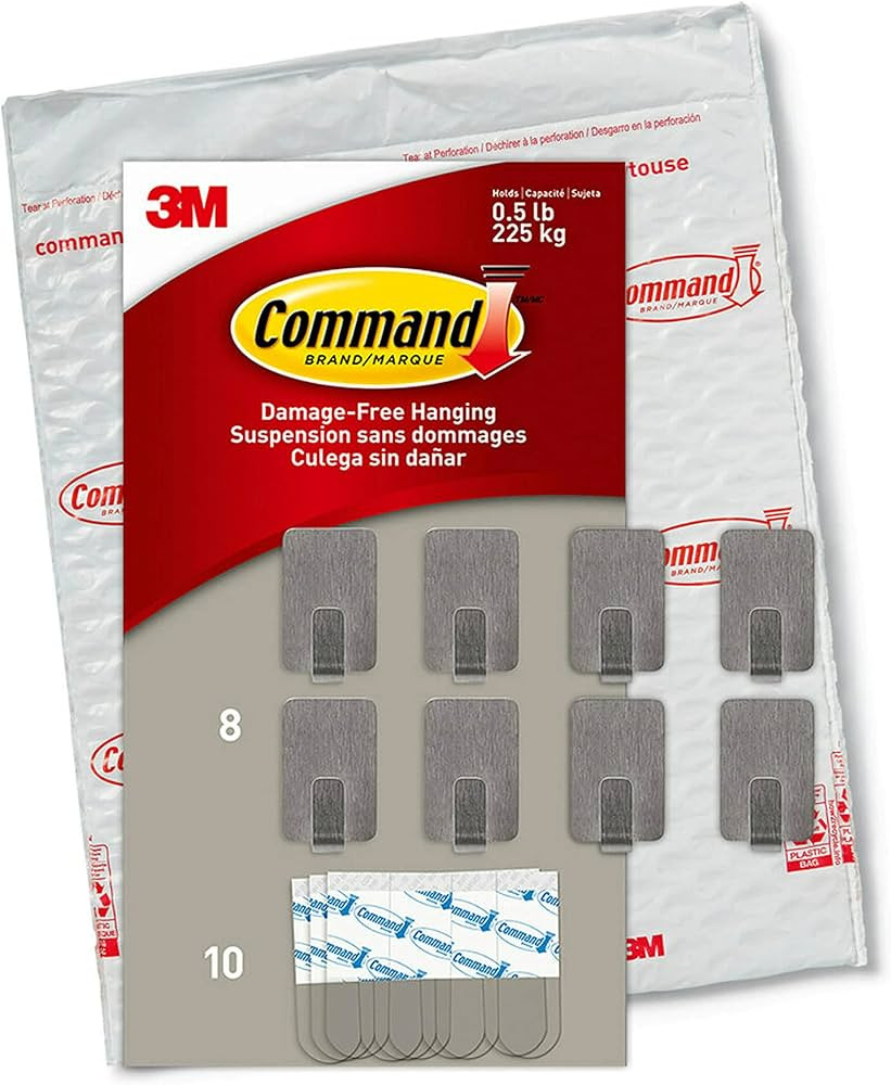 Command Small Stainless Steel Metal Hooks 8 Hooks, 10 Strips, Great for dorm decor | Amazon (US)