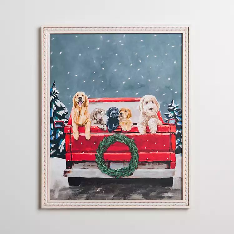 Puppies in Red Truck Christmas Canvas Art Print | Kirkland's Home