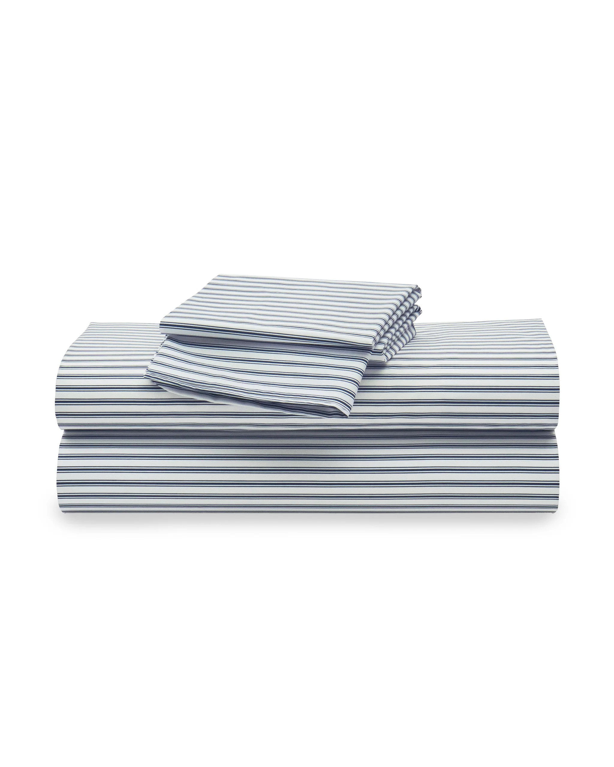 Luxe Premium Percale Bed Sheets in Navy French Ticking | Petite Plume