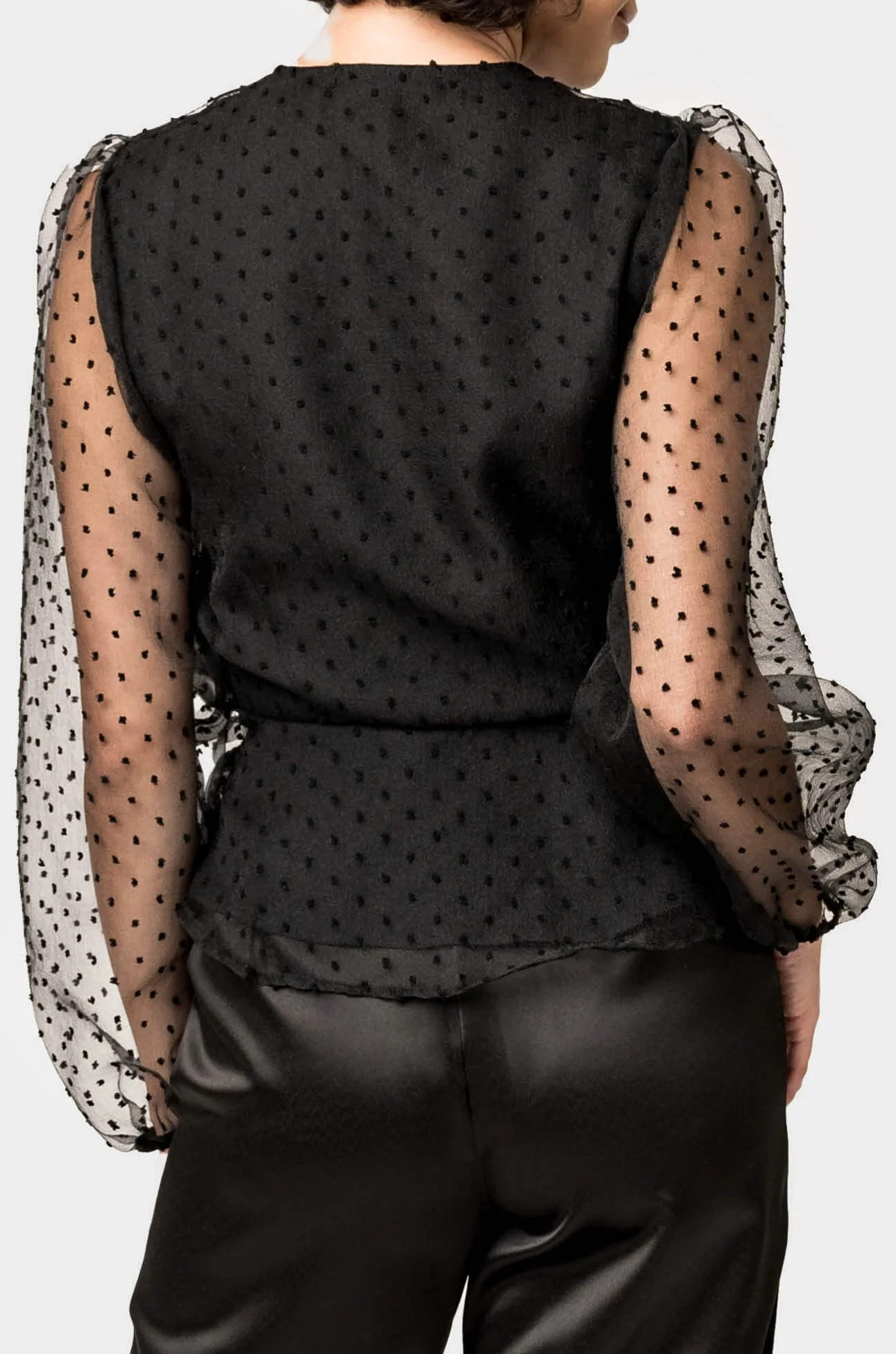 Surplice Wrap Top with Organza Dot Sleeve | Gibson