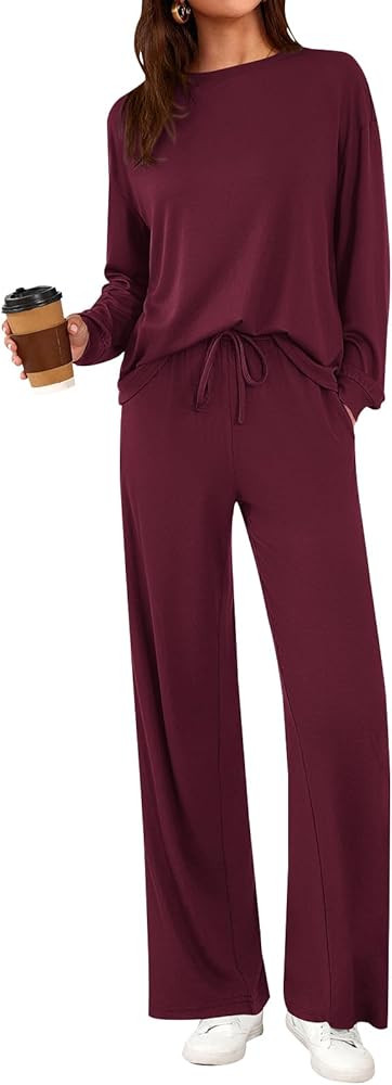 PRETTYGARDEN Womens 2 Pieces Lounge Sets Crewneck Long Sleeve Wide Leg Drawstring Pants Tracksuit... | Amazon (US)