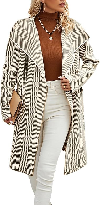 ECOWISH Women Cardigan Jacket Coat - Fall 2023 Knit Lapel Long Sleeve Striped Casual Open Front S... | Amazon (US)