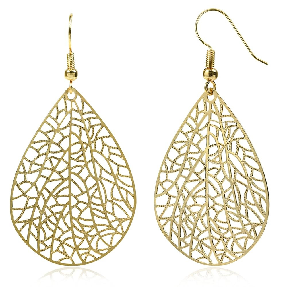 Gold Silver Rose Gold Filigree Leaf Teardrop Drop Dangle Earrings for Women Trendy | Amazon (US)